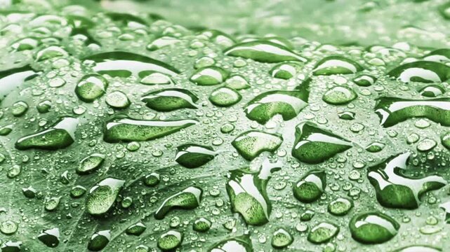 Macro shot of a vibrant green leaf adorned with countless glistening water droplets, reflecting nature's refreshing purity and the essence of a recent rain