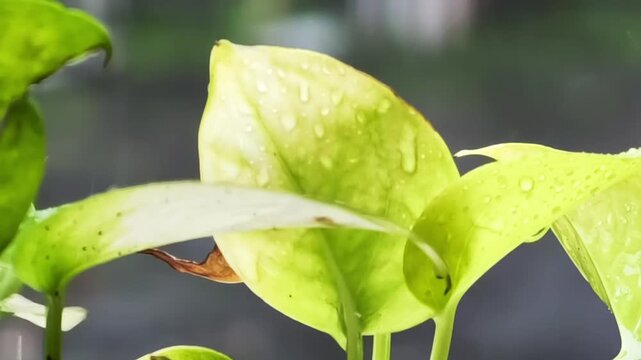 Close-up of bright green leaves glistening with water droplets, highlighting nature's delicate beauty in a soft-focus background