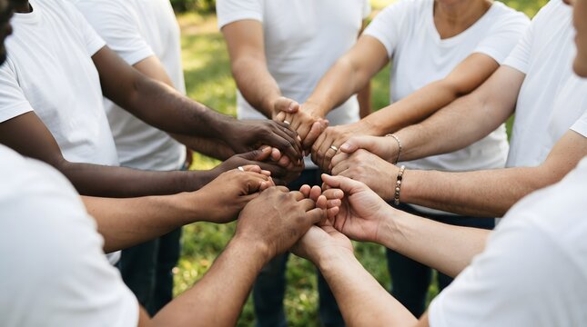 Diverse team collaboration hands united in a circle representing unity and support outdoors