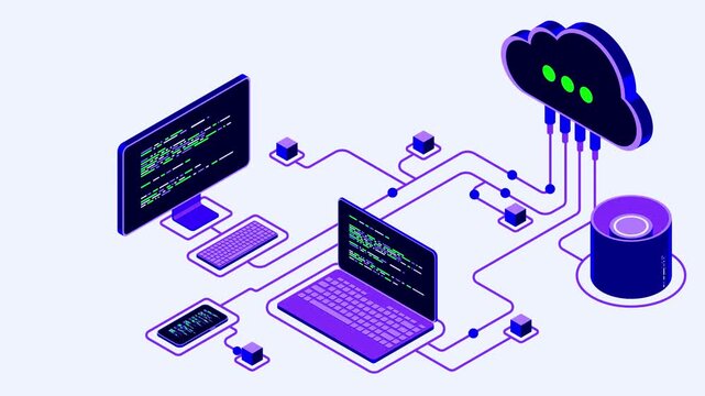 Cloud server infrastructure concept. High-tech data center with modern server racks, digital networking, and secure information technology.
