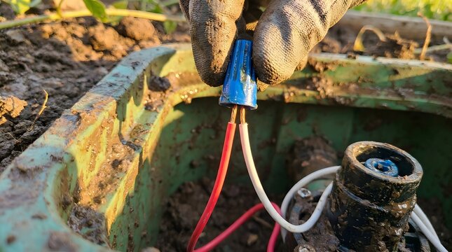 Hand in dirty glove connecting red and white wires with a blue nut inside a muddy outdoor irrigation valve box
