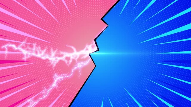 Colorful comic battle pink blue split lightning effects, dotted texture, dramatic action burst lines. gaming competitions, screens, superhero intros, sports match graphics, energetic presentations.