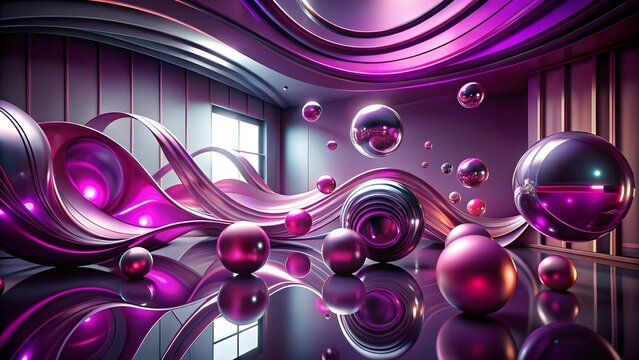 Futuristic abstract 3d spheres and shapes with purple neon lighting