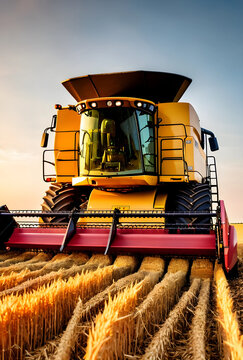 Close-up of a yellow combine harvester threshing wheat at sunset