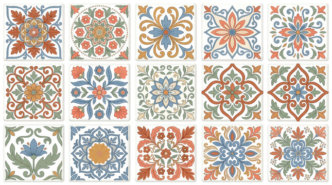 Set of decorative ceramic tiles with colorful floral and geometric patterns in vintage style.
