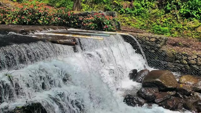 Scenic cascading waterfall flowing through a lush tropical garden with vibrant green foliage and stone walls