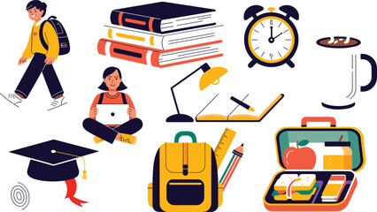 Back to School Vector Icon Set with Student Characters Books Backpack Lunchbox Graduation Cap and Study Desk Elements for Education and Learning Designs