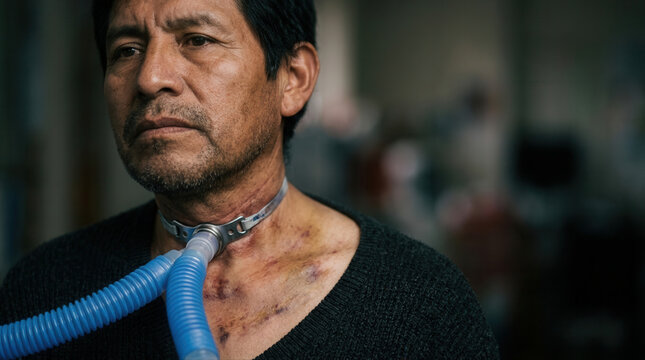Individual with tracheostomy tube contemplates the effects of smoking on lung health and respiratory conditions