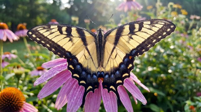 Eastern Tiger Swallowtail Butterfly Resting on Purple Coneflower in a Blooming Summer Garden