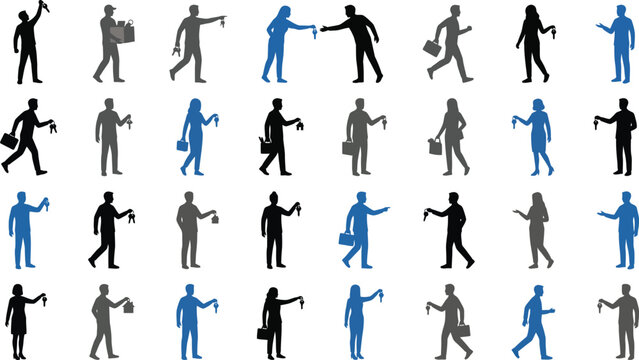 Set of real estate professional silhouettes holding house keys on transparent background