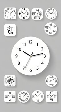 Collection of analog and digital clock designs on gray background.