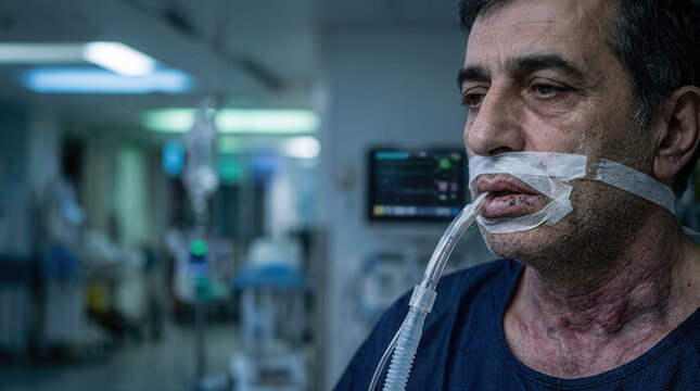 Portrait of a patient with a tracheostomy in a hospital setting highlighting the effects of smoking on respiratory health