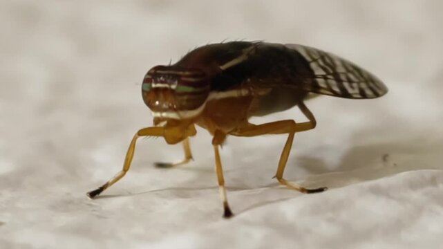 Detailed Macro Shot of a Brown Leafhopper Insect Resting on a Light Colored Surface