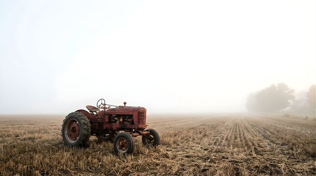 Old red tractor parked in a foggy harvested field at sunrise