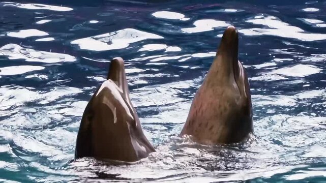 Two dolphins gracefully surfacing in crystal blue water, captured mid-motion as they breach the surface
