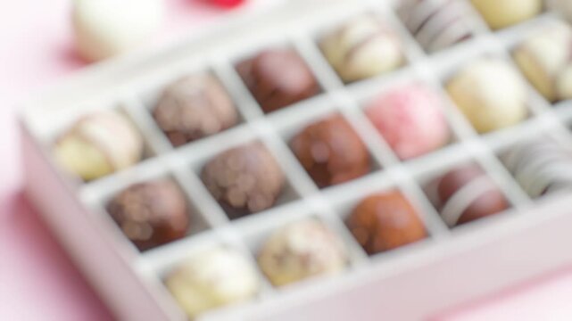 A box of assorted chocolates placed on a pink surface