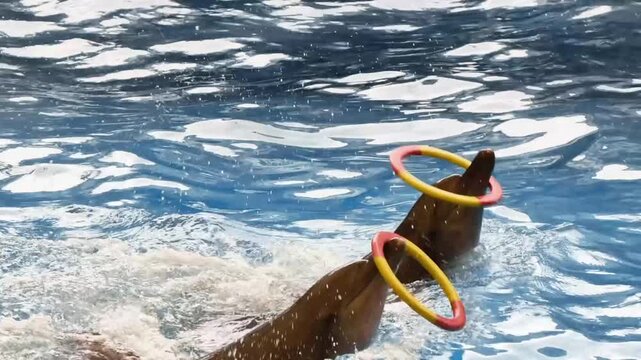 Dolphins playing with rings in a pool during a performance demonstrating intelligence and trained behavior