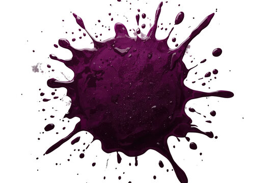 Purple ink splash creating an abstract liquid blob with paint splatter and flowing droplets on transparent background
