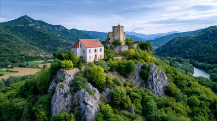 Fototapeta premium Ancient castle ruin alongside charming house, perched majestically on rocky green hill. Surrounding mountain valleys and winding river create tranquil and picturesque European landscape