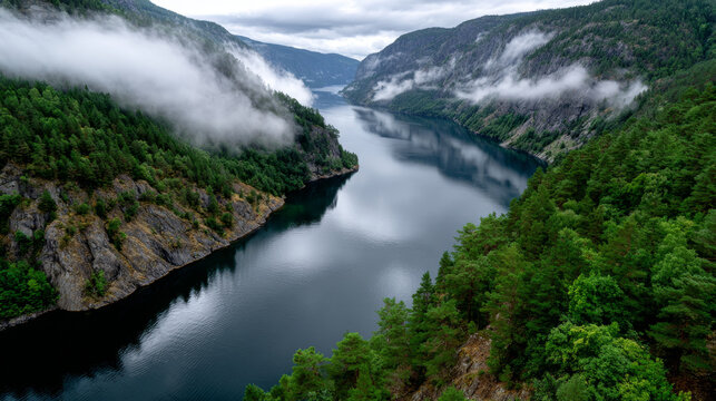 Breathtaking Norwegian fjord winds through majestic green mountains shrouded gentle mist. serene water reflects cloudy sky, creating tranquil and picturesque landscape view that evokes peace