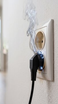 Smoking electrical plug in a wall outlet with visible sparks, symbolizing electrical failure, short circuit, fire hazard, overloaded socket, home safety, electrical maintenance, and accident preventio