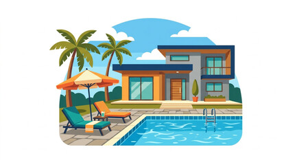 Obraz premium Modern Luxury Villa with Swimming Pool and Palm Trees.