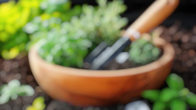 A simple arrangement of greenery in a wooden bowl accompanied by a knife, perfect for a rustic or vintage-themed setting