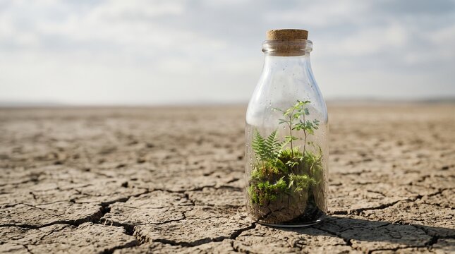 Resilient life a glass bottle terrarium thriving in a barren cracked earth landscape