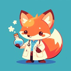 Obraz premium Cute fox doctor wearing a white coat and holding a test tube with blue liquid. Character illustration for sticker, poster, greeting card, and children science education project design.