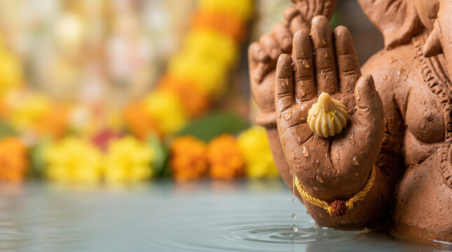 Close up of a clay ganesha statue hand holding a modak sweet during the ganesh generated using ai