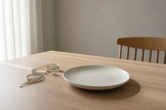 Plain plate with measuring tape on dining table, mindful eating and portion control concept.