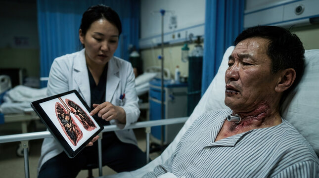 Doctor explaining lung damage to patient with tracheostomy highlighting effects of smoking and respiratory disease