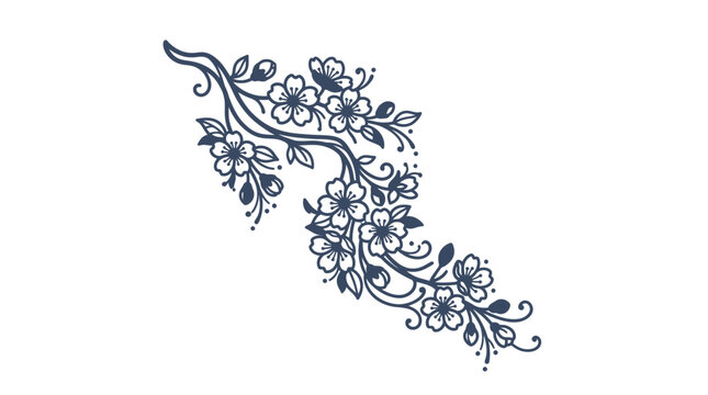 Delicate floral branch with blooming flowers and leaves decorative element