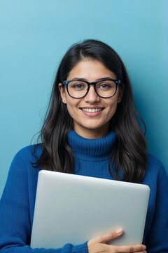 Smiling woman holds laptop. Blue sweater and glasses add charm on blue background. She looks confident and friendly