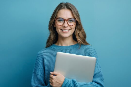 Portrait of young woman smiles warmly while holding laptop. She wears round glasses and a cozy blue sweater. Bright blue background enhances clean