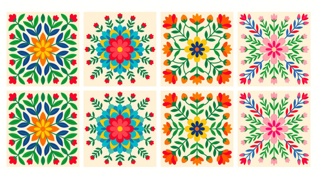 Colorful folk floral pattern set with symmetrical decorative flowers and leaves in square tiles