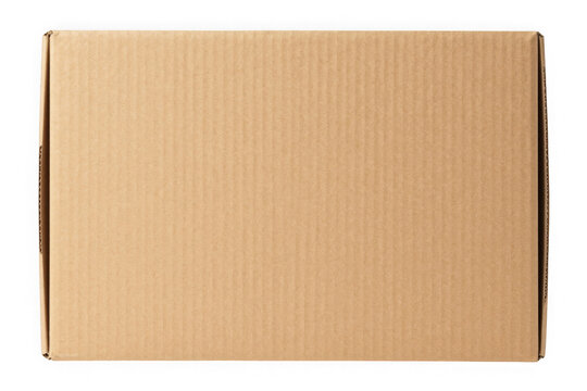 Top view of flat corrugated cardboard box on transparent background texture.