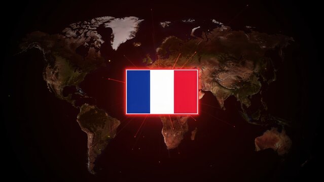 National flag of france glowing in the center of a dark digital world map background