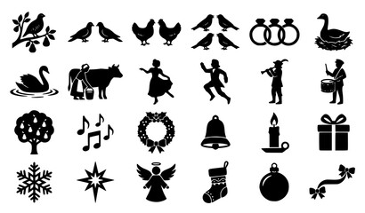 Fototapeta premium Twelve Days of Christmas Silhouettes Vector Collection with Partridge Pear Tree Gold Rings Drummers and Holiday Symbols