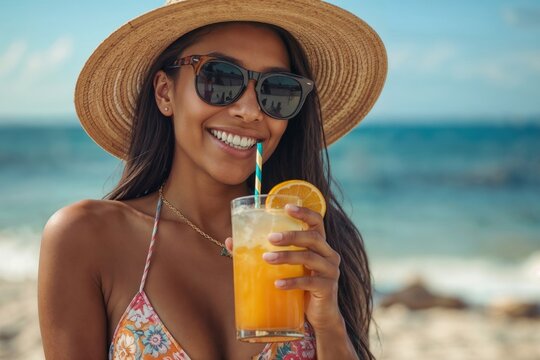 Sunny beach scene with smiling black woman in straw hat. She sips refreshing orange drink with straw and slice of citrus. Waves gently roll in behind her as she enjoys the day