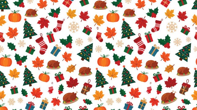 Festive thanksgiving pattern with pumpkins autumn leaves and berries in warm colors repeating design