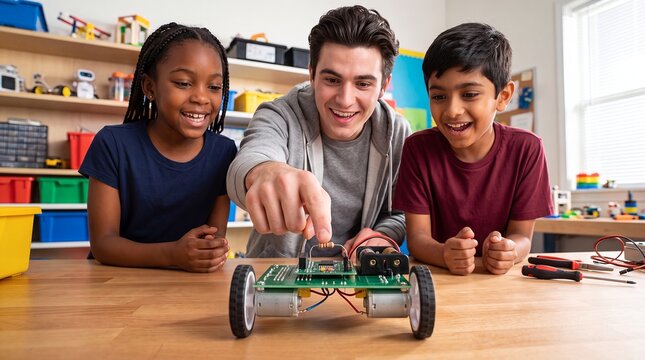 robotics teacher students robot classroom stem engineering technology coding learning A mentor helps diverse teens build a wheeled robot promoting teamwork and technical careers for STEM campaigns