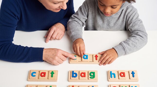 literacy child teacher spelling letters words learning education tutoring phonics Educator helps a young pupil arrange word blocks for reading practice and early language development campaigns
