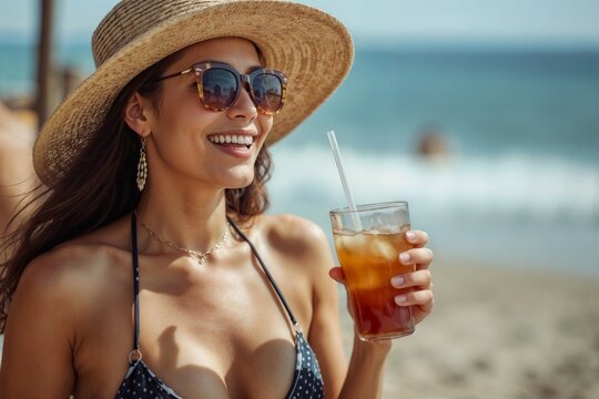 Portrait of happy woman at the beach. She holds a refreshing iced drink with a straw. Warm light highlights her joyful, carefree expression