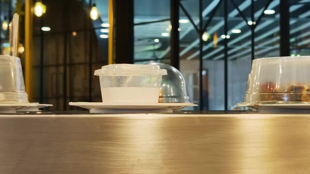 Conveyor belt carrying plastic containers with dishes in a modern restaurant setting