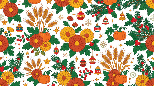 Festive thanksgiving pattern with autumn leaves and pumpkins on a white background