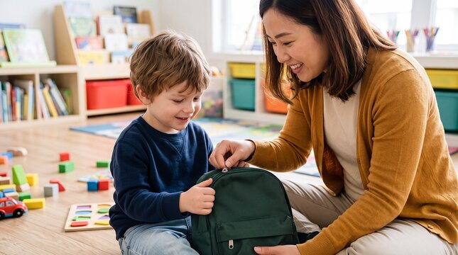 teacher child backpack classroom school preparation boy learning support independence Educator helps a pupil pack his green bag conveying readiness and confidence for back to school campaigns