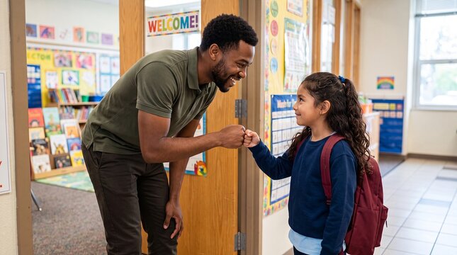 teacher student welcome school fistbump classroom child support encouragement education A Black educator greets a girl with a backpack conveying belonging and confidence for school welcome campaigns
