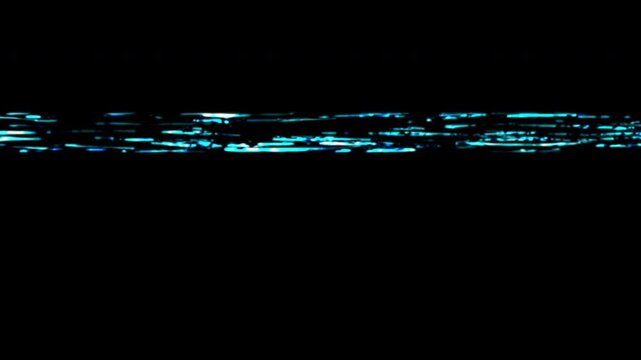 Abstract digital glitch effect featuring bright cyan horizontal lines. Retro VHS tracking static overlay showing a damaged video signal. Sci-fi corrupted screen distortion and tech error interference
