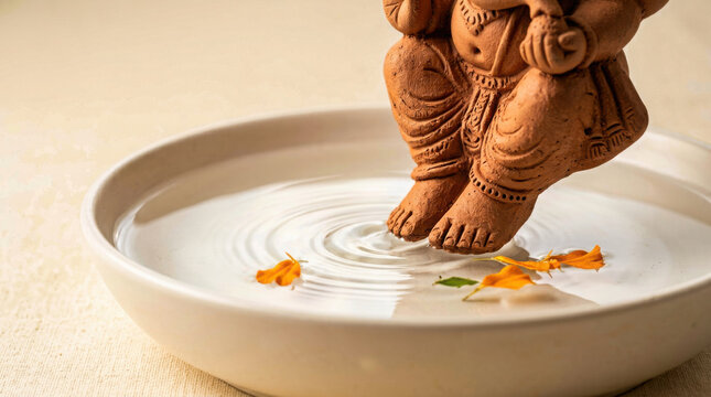 Clay ganesha idol feet touching clear water in a bowl with floating orange generated using ai